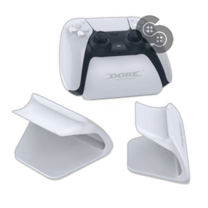 Dobe PS5 Controller Display Stand TP5-0537 shown from three angles with a DualSense controller resting on one