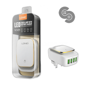 LDNIO 22W 4-Port USB Charger with LED Touch Lamp - A4405 - retail box and accessories