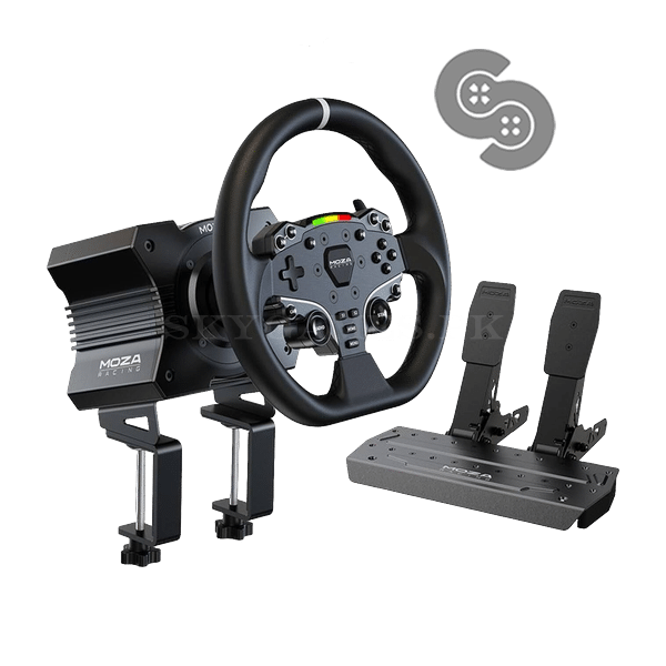 MOZA R5 direct drive bundle with desk clamps and pedals