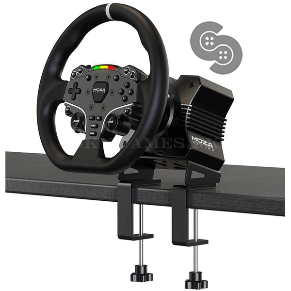 MOZA R5 base and ES wheel mounted on a desk clamp